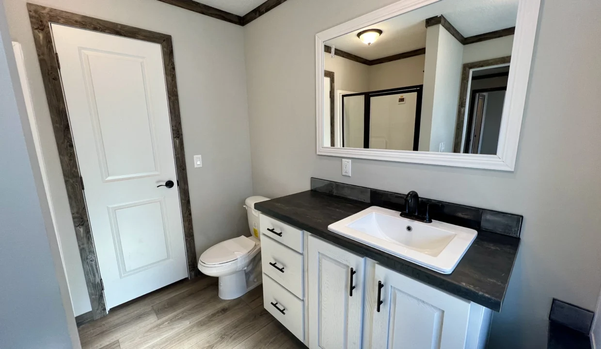 Modern bathroom interior featuring a sink with black faucet, a toilet, and a large mirror, designed for the Bandit manufactured home by Clayton Homes.