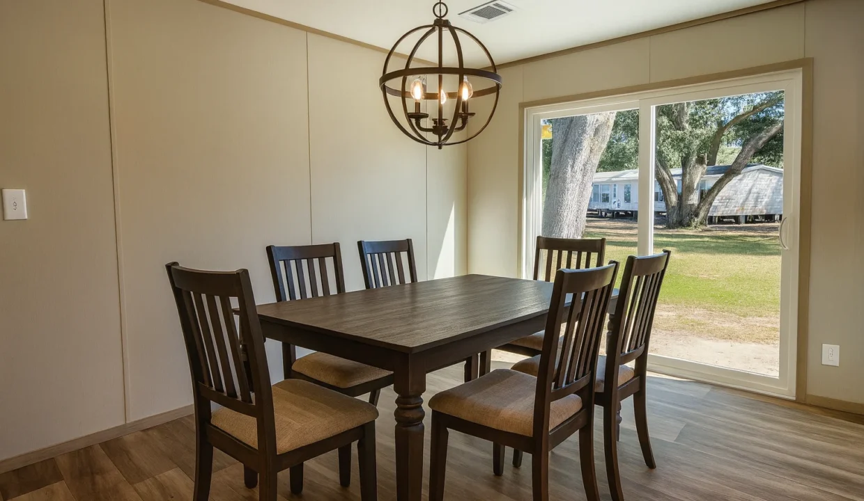 Dining area in Snowcap manufactured home featuring a wooden table, six chairs, and a modern chandelier, with a large window revealing an outdoor view.